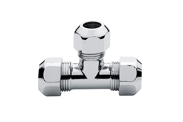 3 WAY TEE CONNECTOR IN CHROME-PLATED BRASS
